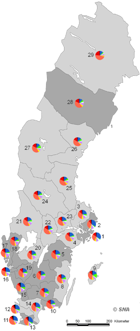 Karta �ver Val till riksdag, partiandelar/valkrets 1998