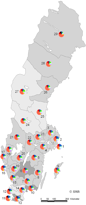 Karta �ver Val till riksdag, partiandelar/valkrets 2002